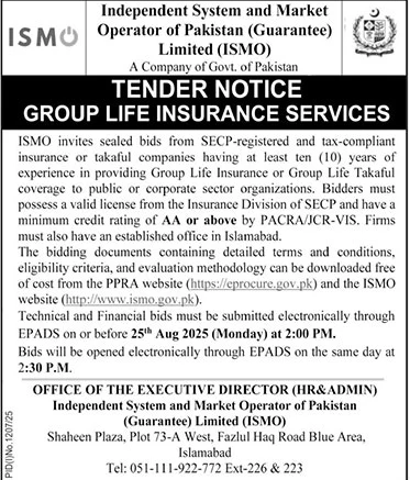 Independent System & Market Operator of Pakistan Limited Islamabad Tender Notice-1